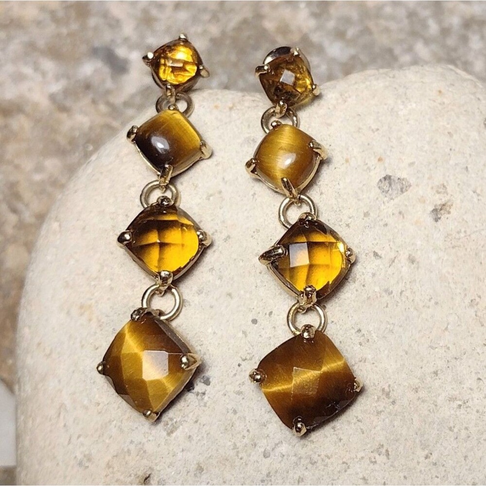 Amber Crystal Faceted Tiger's Eye Gold Plated Dangle Drop Earrings